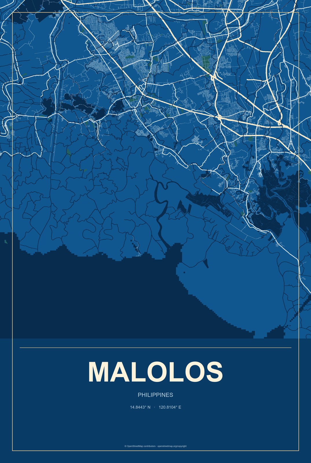 Malolos, Philippines City Map Aluminum Sign in Harbor Cobalt style