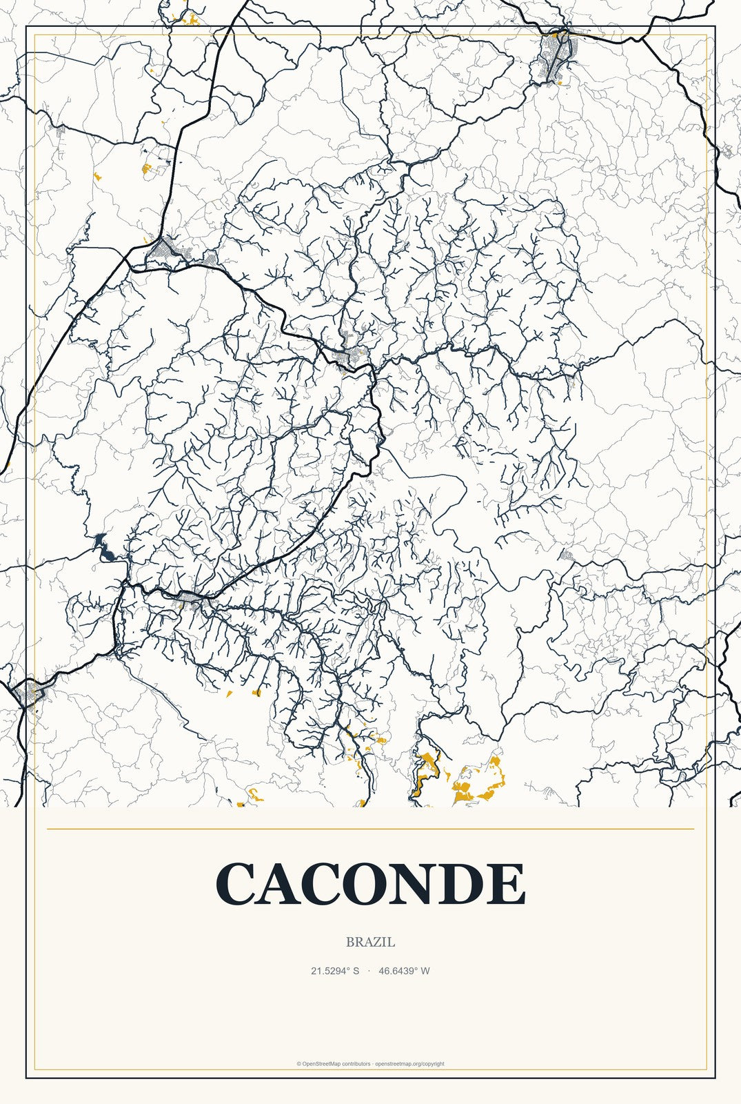 Caconde, Brazil City Map Aluminum Sign in Citrine Modern style