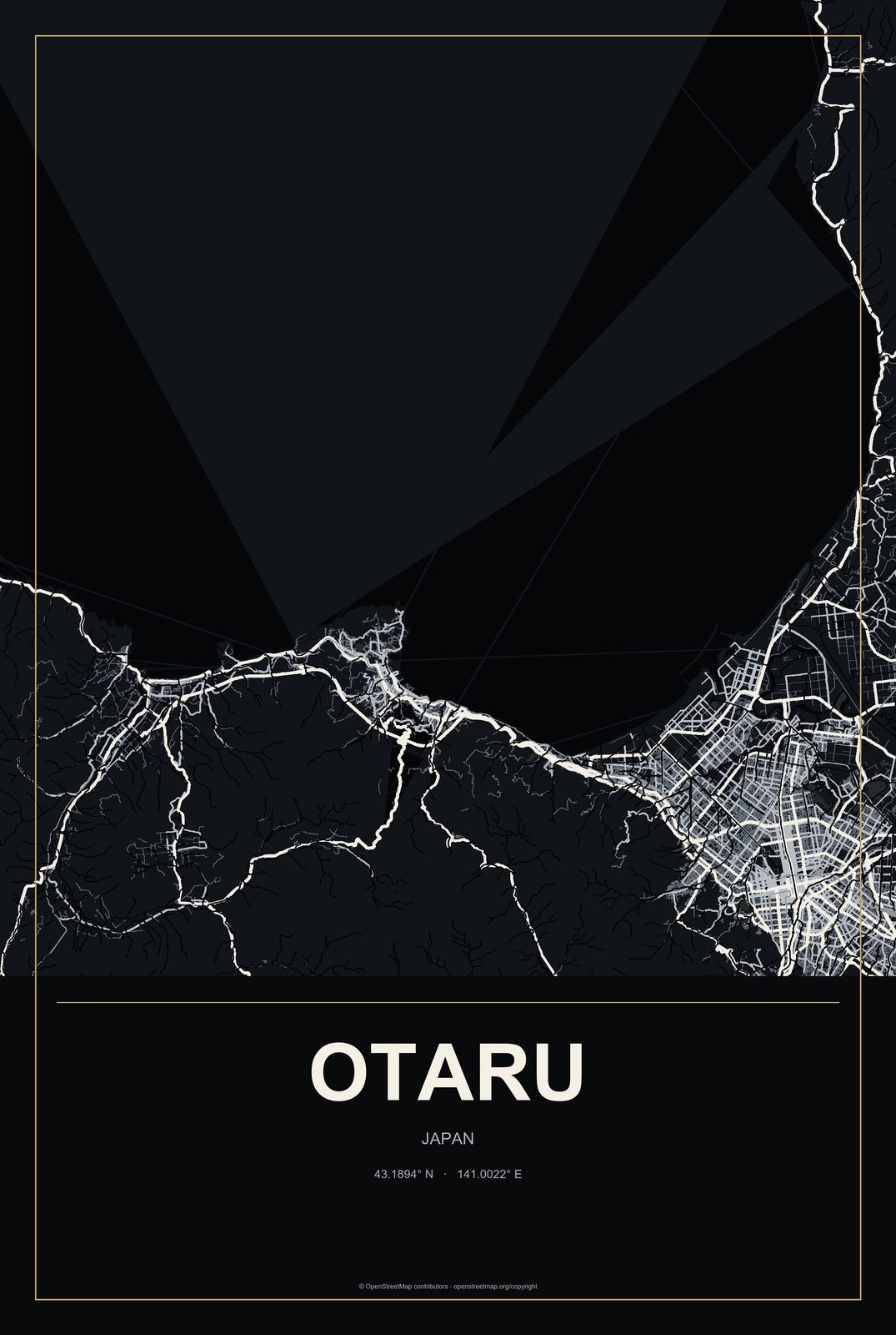 Otaru, Japan City Map Aluminum Sign in Metropolitan Noir style