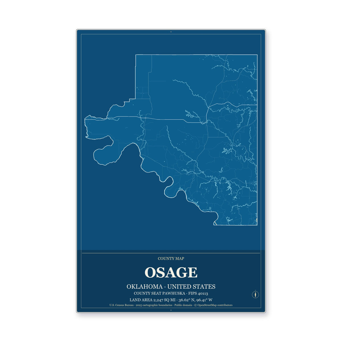 Osage County, Oklahoma Map Aluminum Sign in Harbor Cobalt style