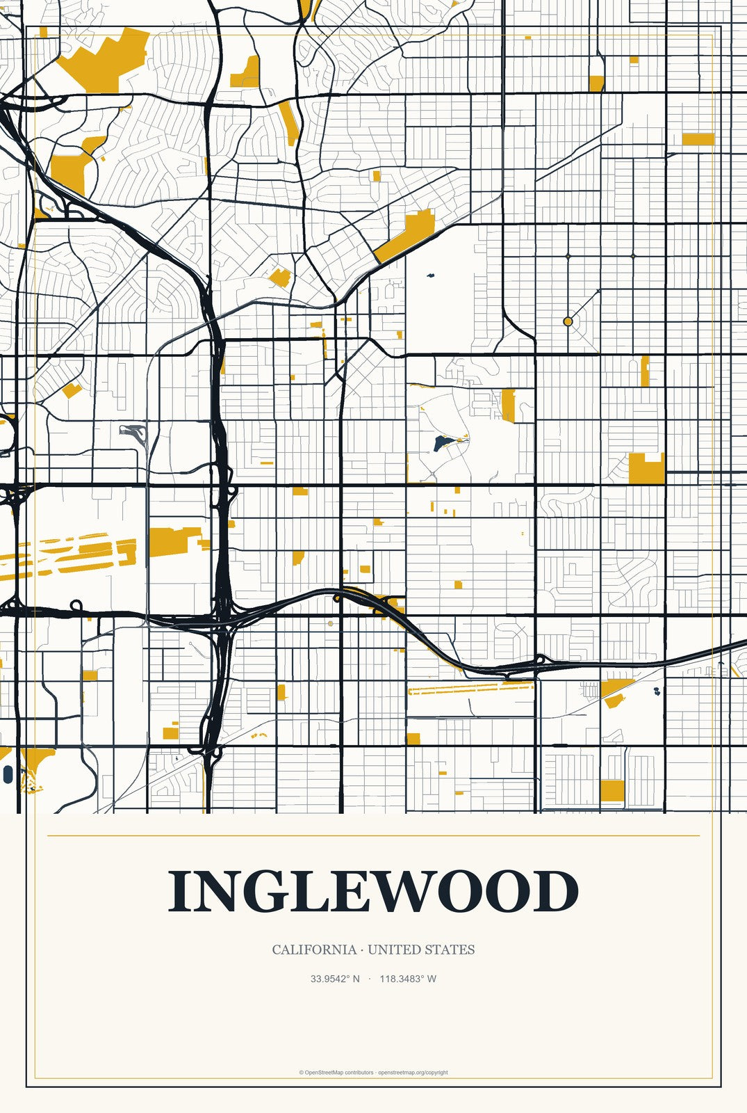 Inglewood, California City Map Aluminum Sign in Citrine Modern style