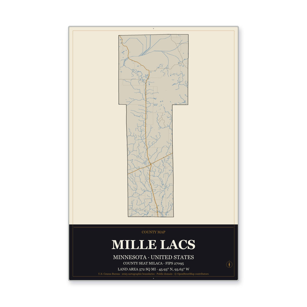 Mille Lacs County, Minnesota Map Aluminum Sign in Museum Plaque style