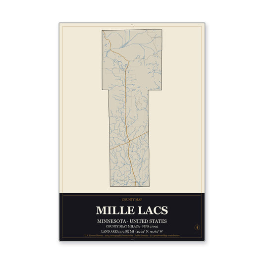 Mille Lacs County, Minnesota Map Aluminum Sign in Museum Plaque style