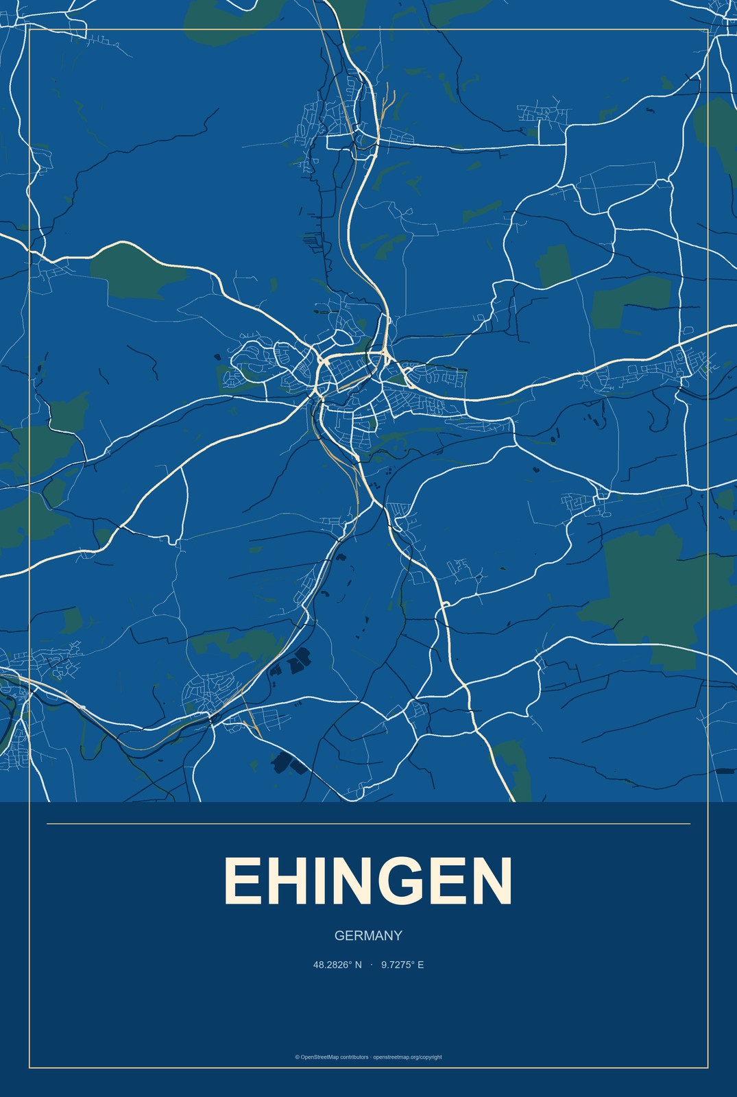 Ehingen, Germany City Map Aluminum Sign in Harbor Cobalt style