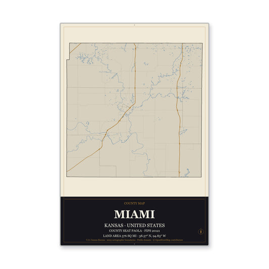Miami County, Kansas Map Aluminum Sign in Museum Plaque style