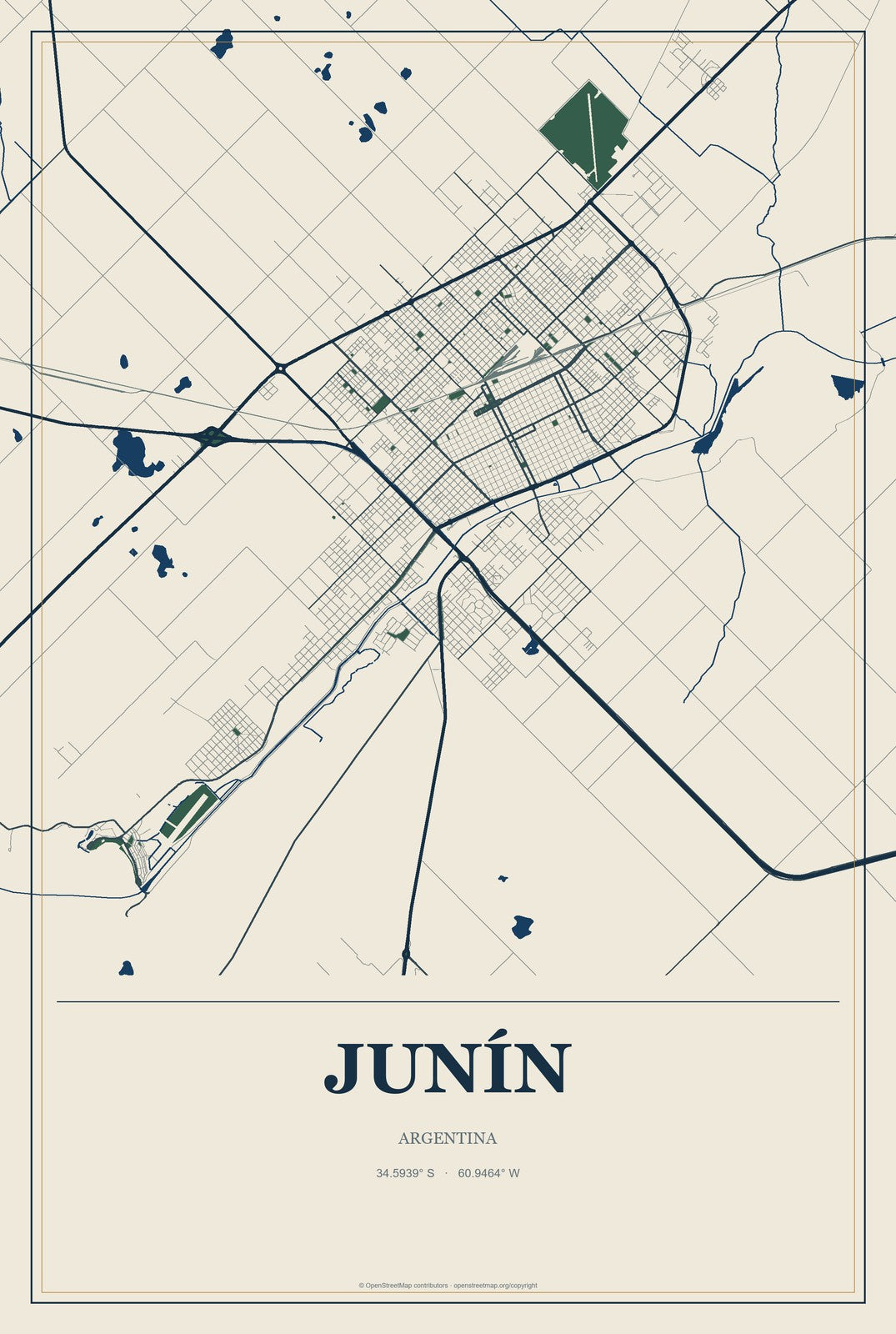 Junín, Mendoza, Argentina City Map Aluminum Sign in Coastal Cutout style