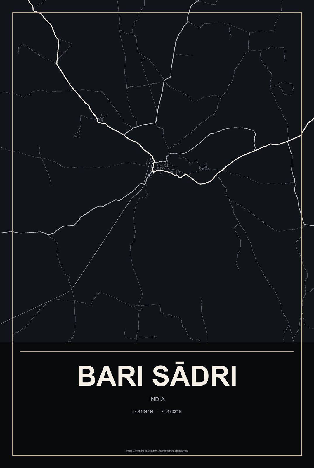 Bari Sādri, India City Map Aluminum Sign in Metropolitan Noir style