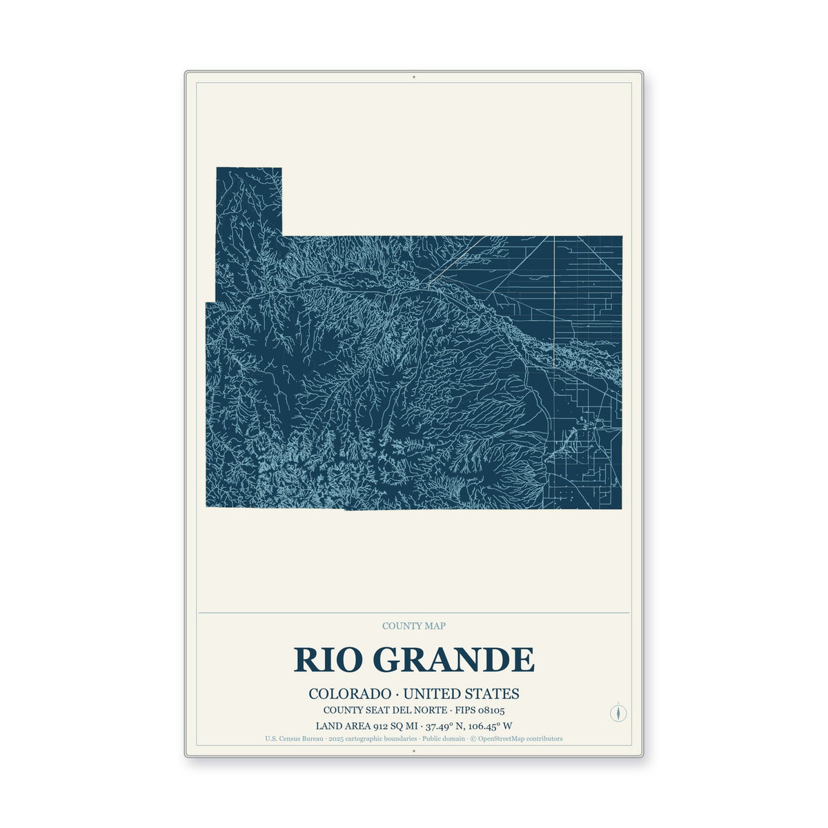 Rio Grande County, Colorado Map Aluminum Sign in Coastal Cutout style