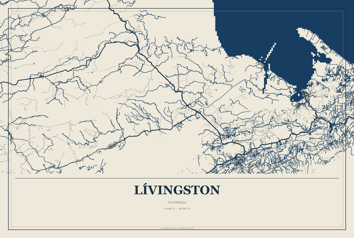 Lívingston, Guatemala City Map Aluminum Sign in Coastal Cutout style
