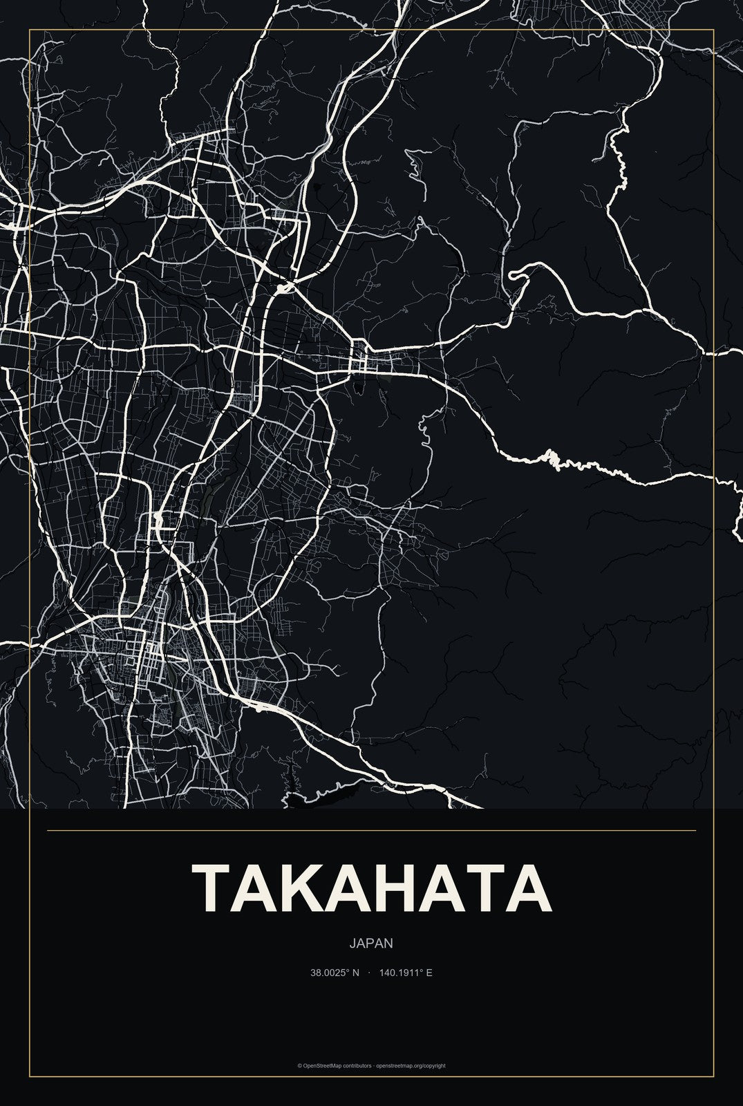 Takahata, Japan City Map Aluminum Sign in Metropolitan Noir style