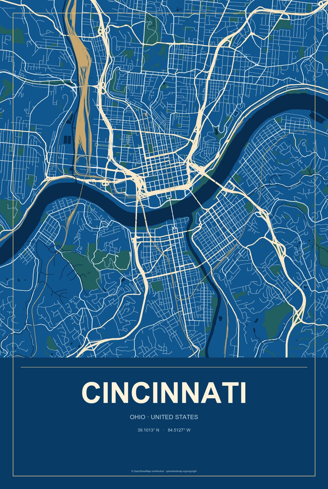 Cincinnati, Ohio City Map Aluminum Sign in Harbor Cobalt style