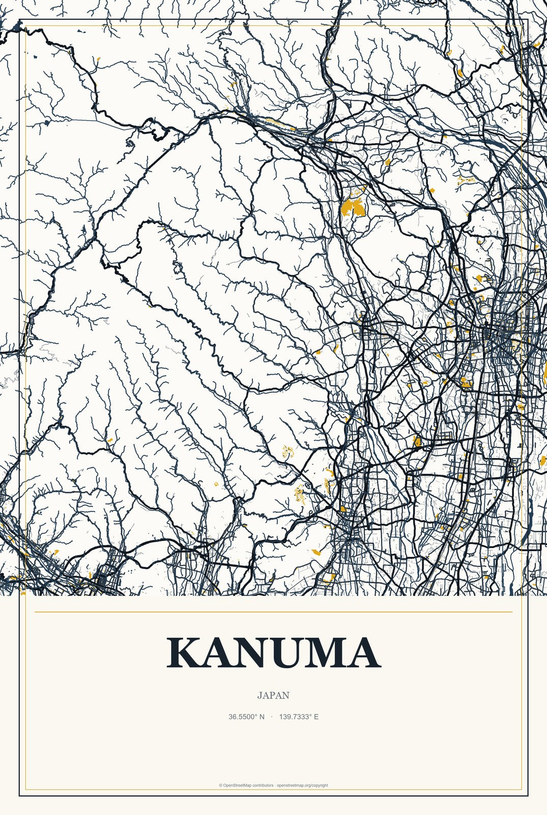 Kanuma, Japan City Map Aluminum Sign in Citrine Modern style