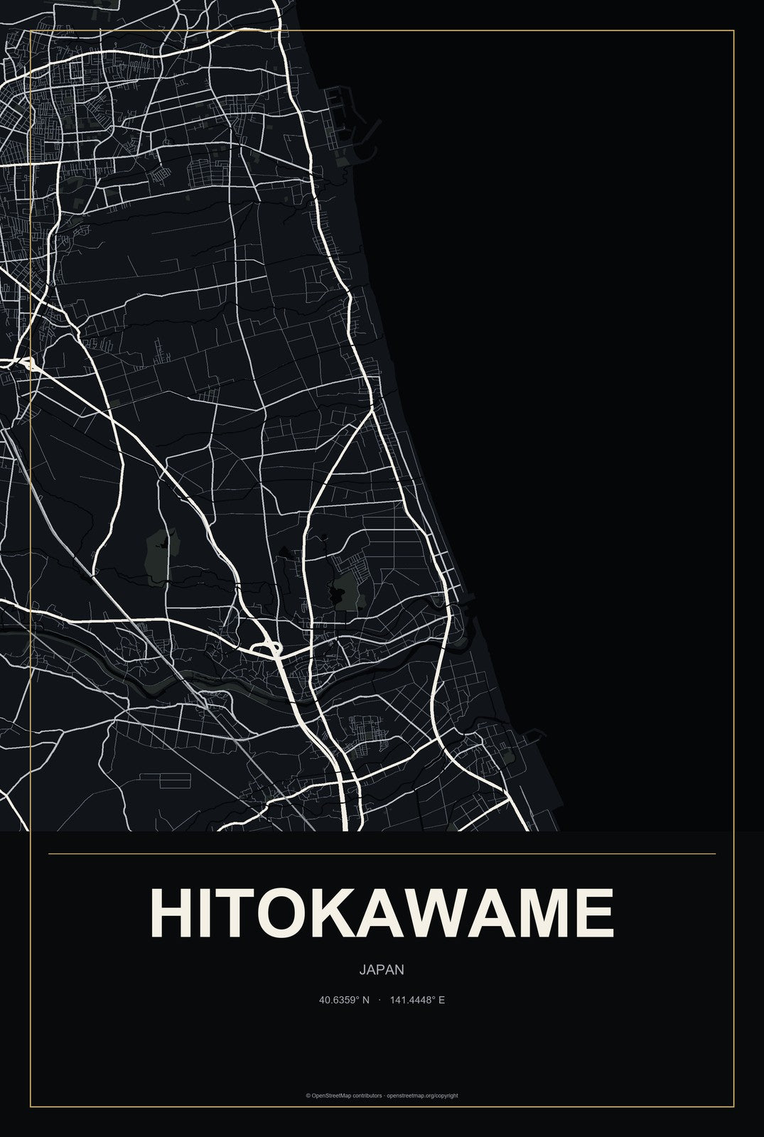 Hitokawame, Japan City Map Aluminum Sign in Metropolitan Noir style