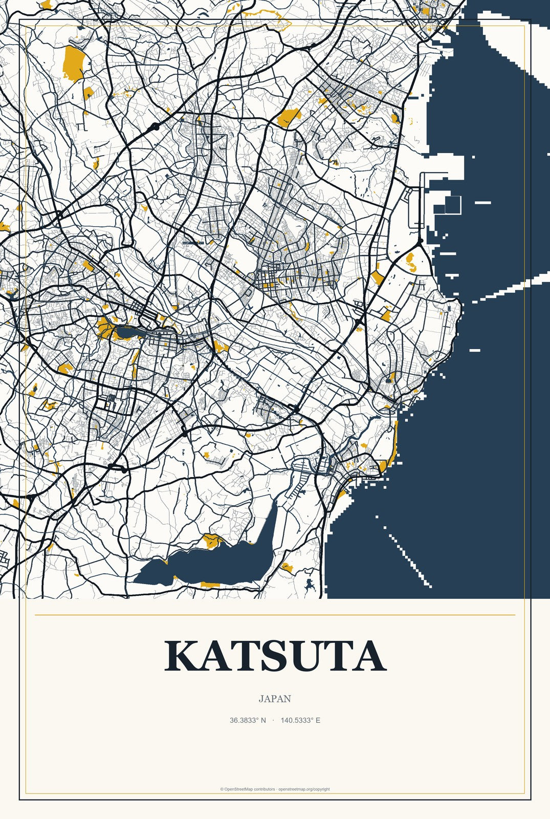 Katsuta, Japan City Map Aluminum Sign in Citrine Modern style