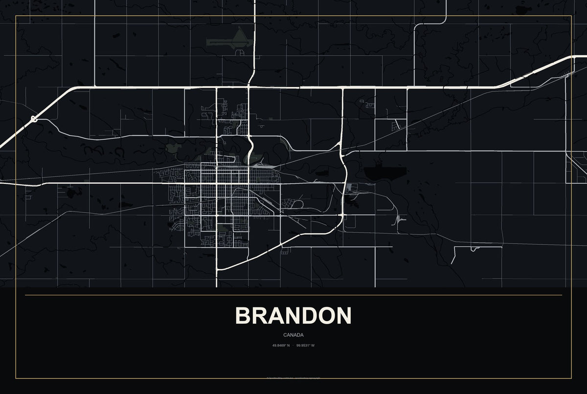 Brandon, Canada City Map Aluminum Sign in Metropolitan Noir style