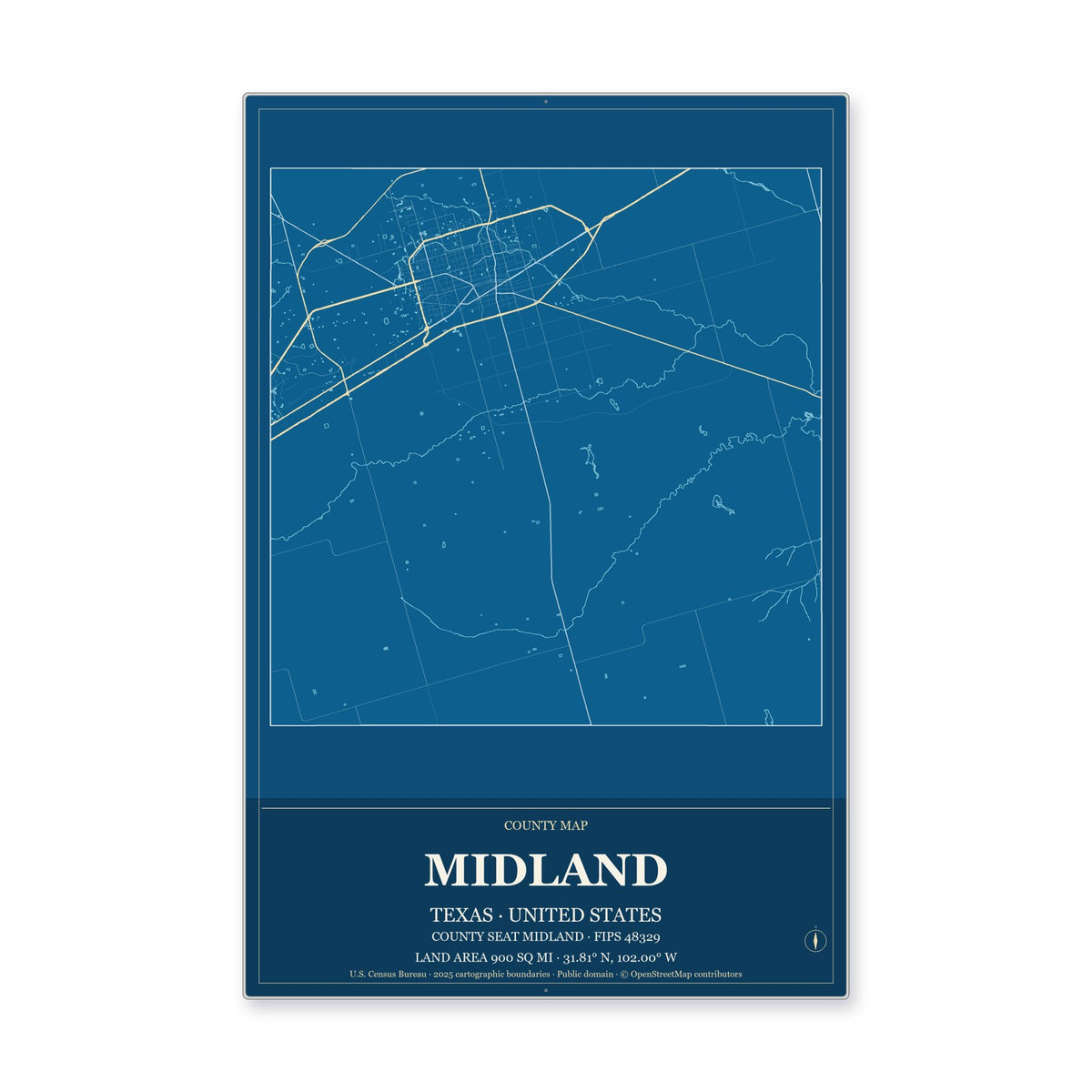 Midland County, Texas Map Aluminum Sign in Harbor Cobalt style
