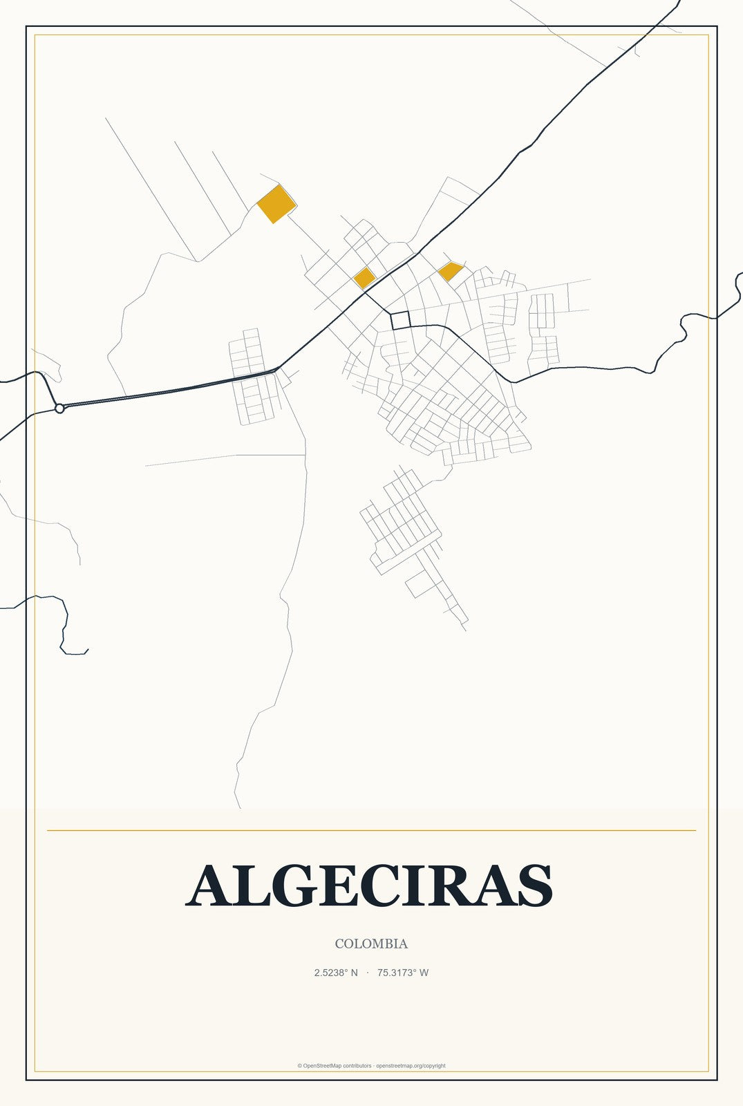 Algeciras, Colombia City Map Aluminum Sign in Citrine Modern style