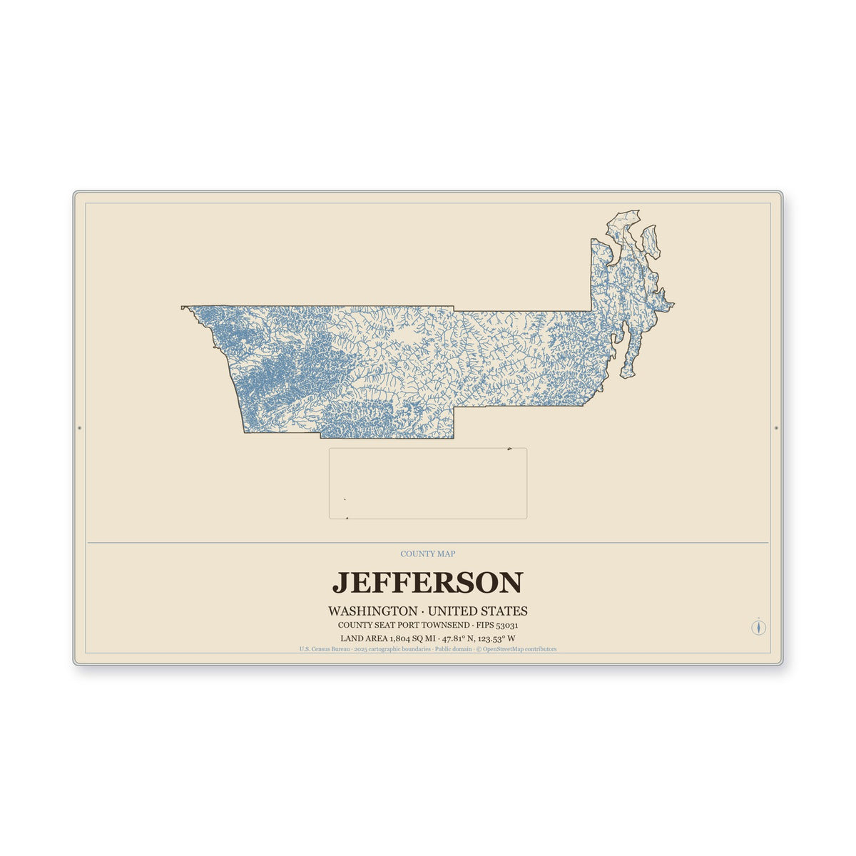 Jefferson County, Washington Map Aluminum Sign in Heritage Nautical style