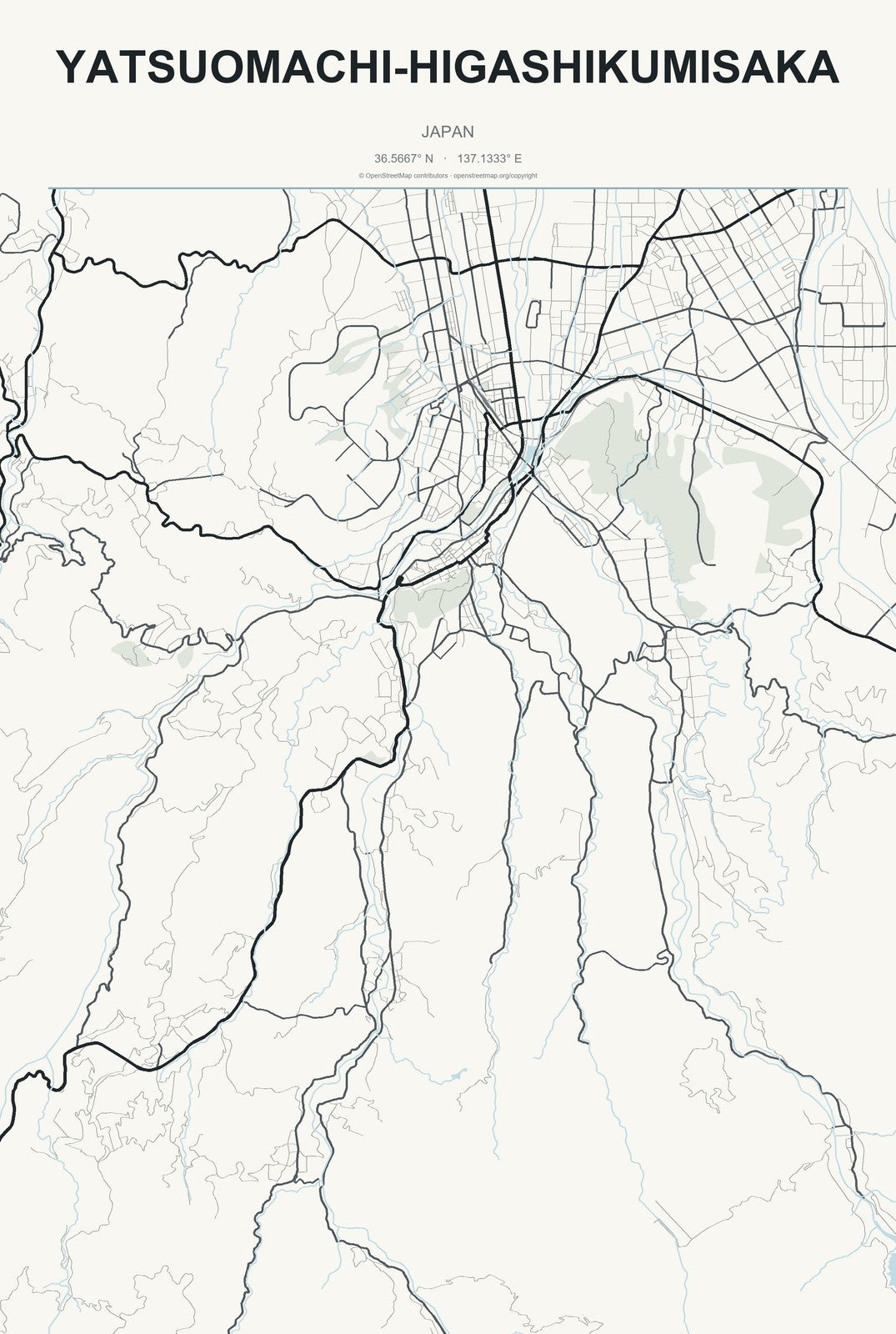 Yatsuomachi-higashikumisaka, Japan City Map Aluminum Sign in Headline Atlas style