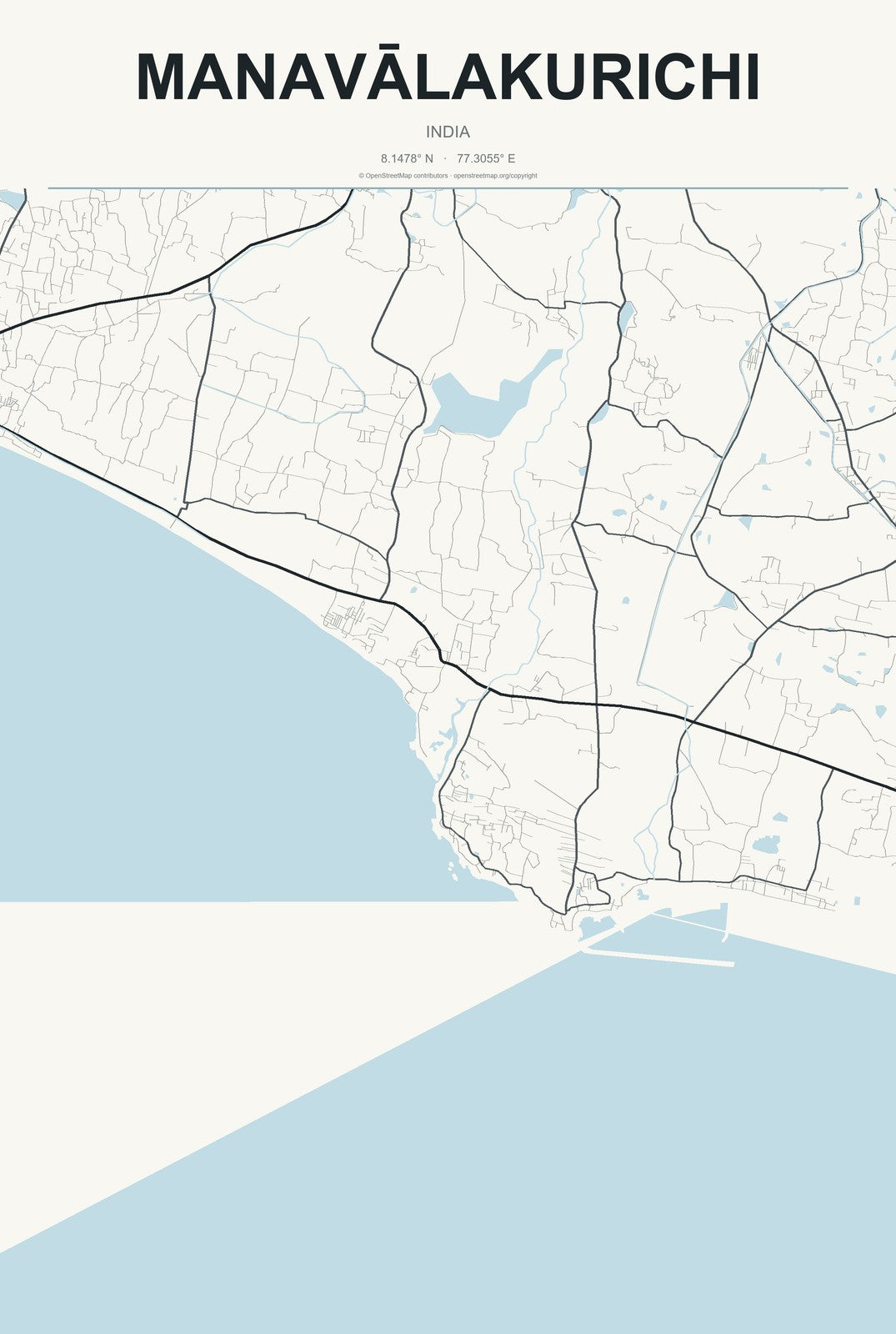 Manavālakurichi, India City Map Aluminum Sign in Headline Atlas style
