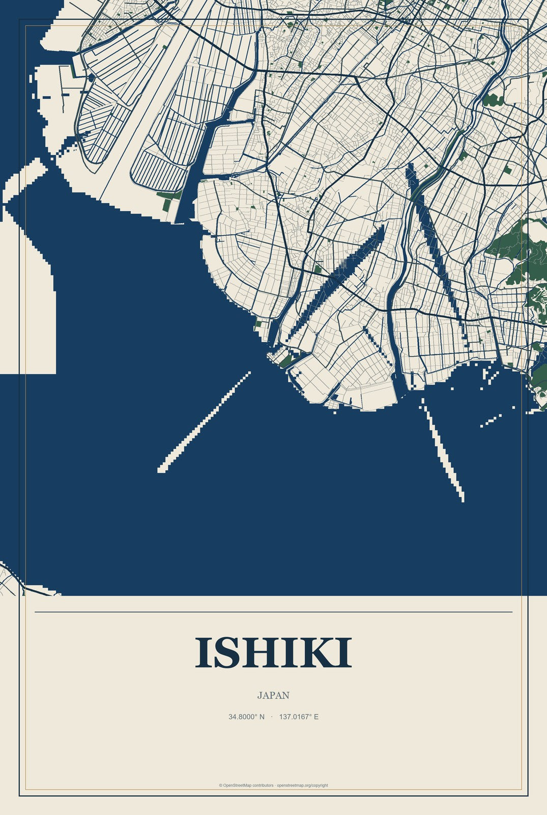 Ishiki, Japan City Map Aluminum Sign in Coastal Cutout style
