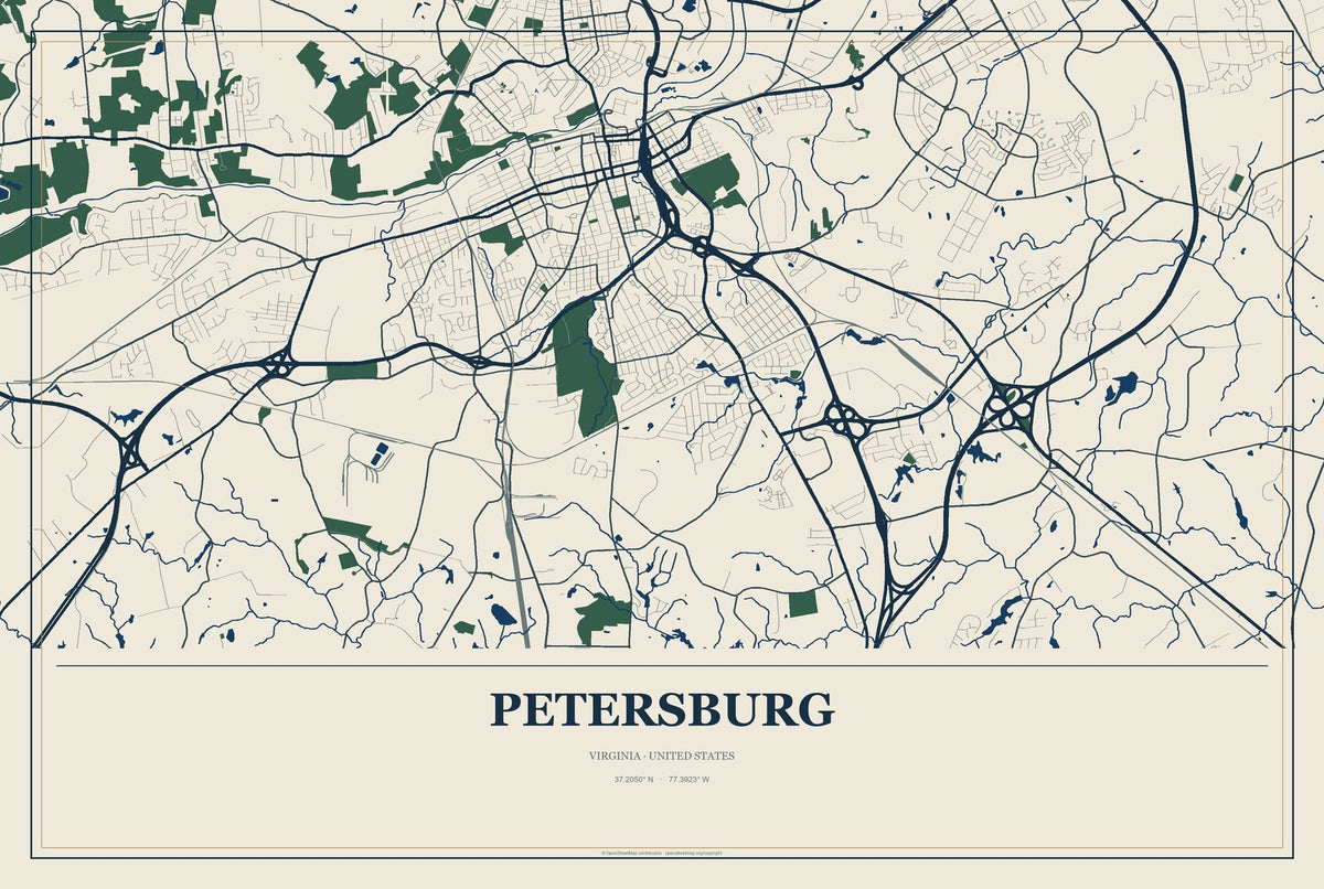Petersburg, Virginia City Map Aluminum Sign in Coastal Cutout style