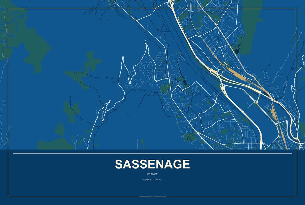 Sassenage, France City Map Aluminum Sign in Harbor Cobalt style