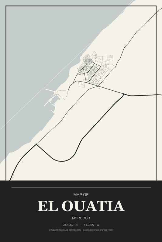 El Ouatia, Morocco City Map Aluminum Sign in Museum Plaque style
