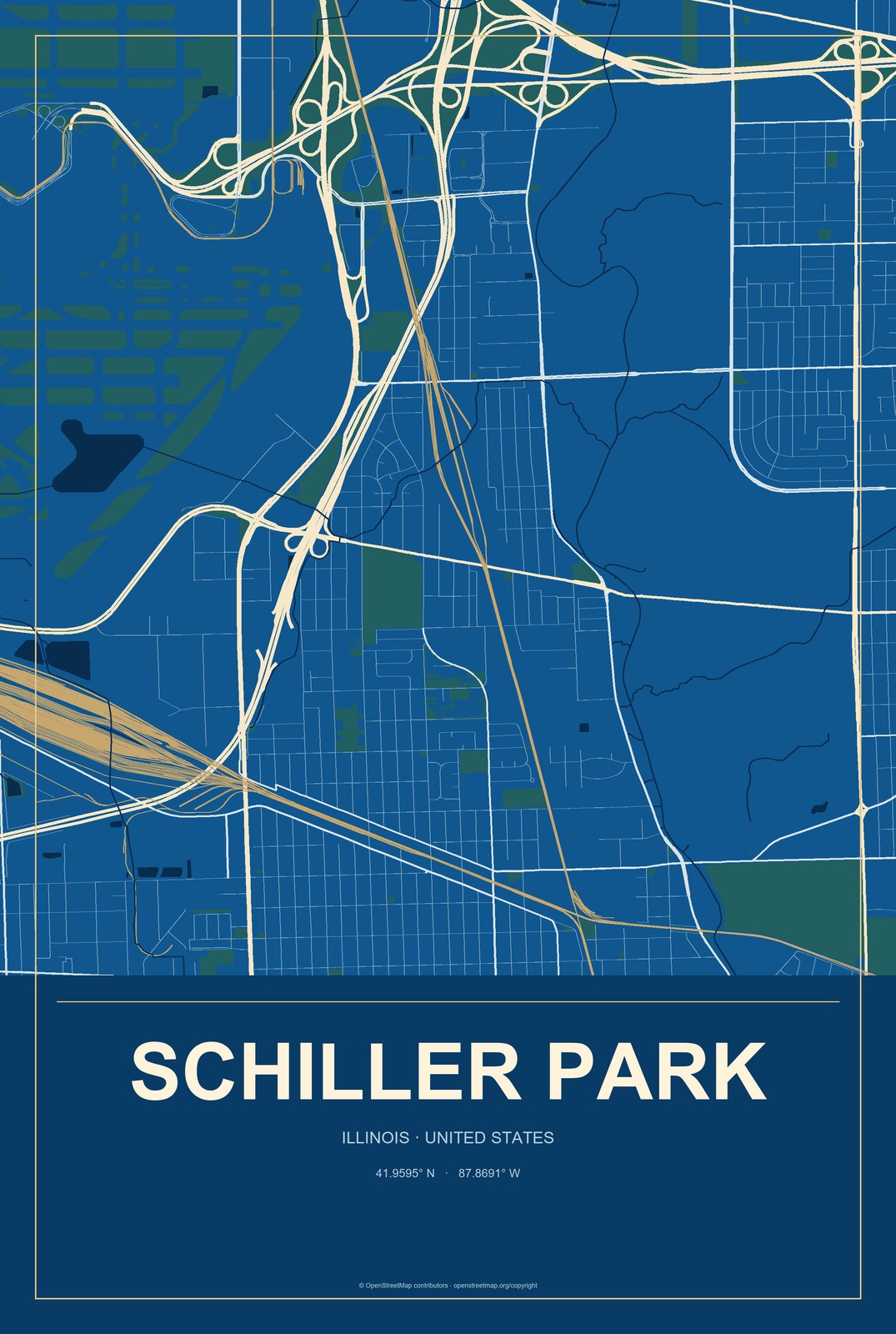 Schiller Park, Illinois City Map Aluminum Sign in Harbor Cobalt style