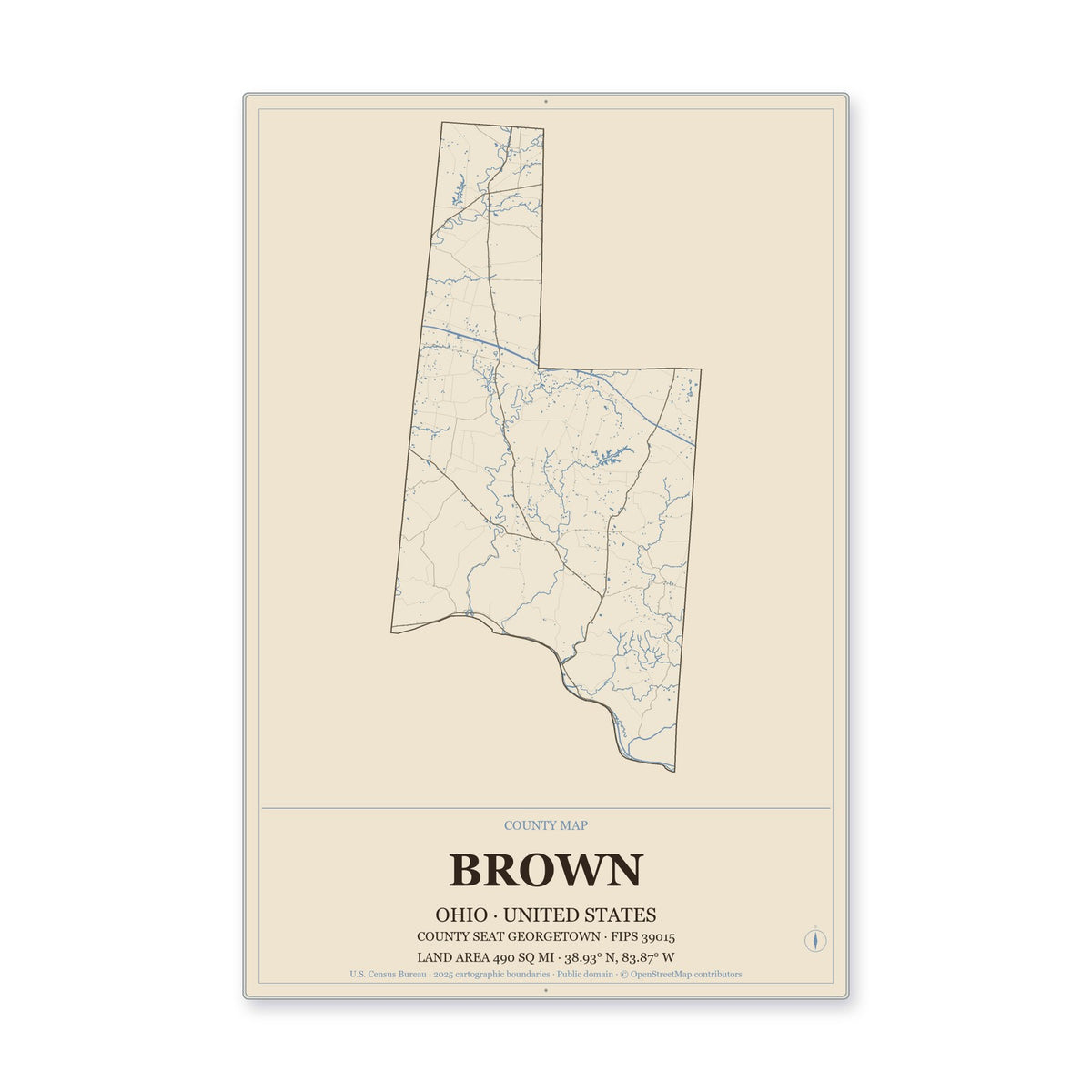 Brown County, Ohio Map Aluminum Sign in Heritage Nautical style