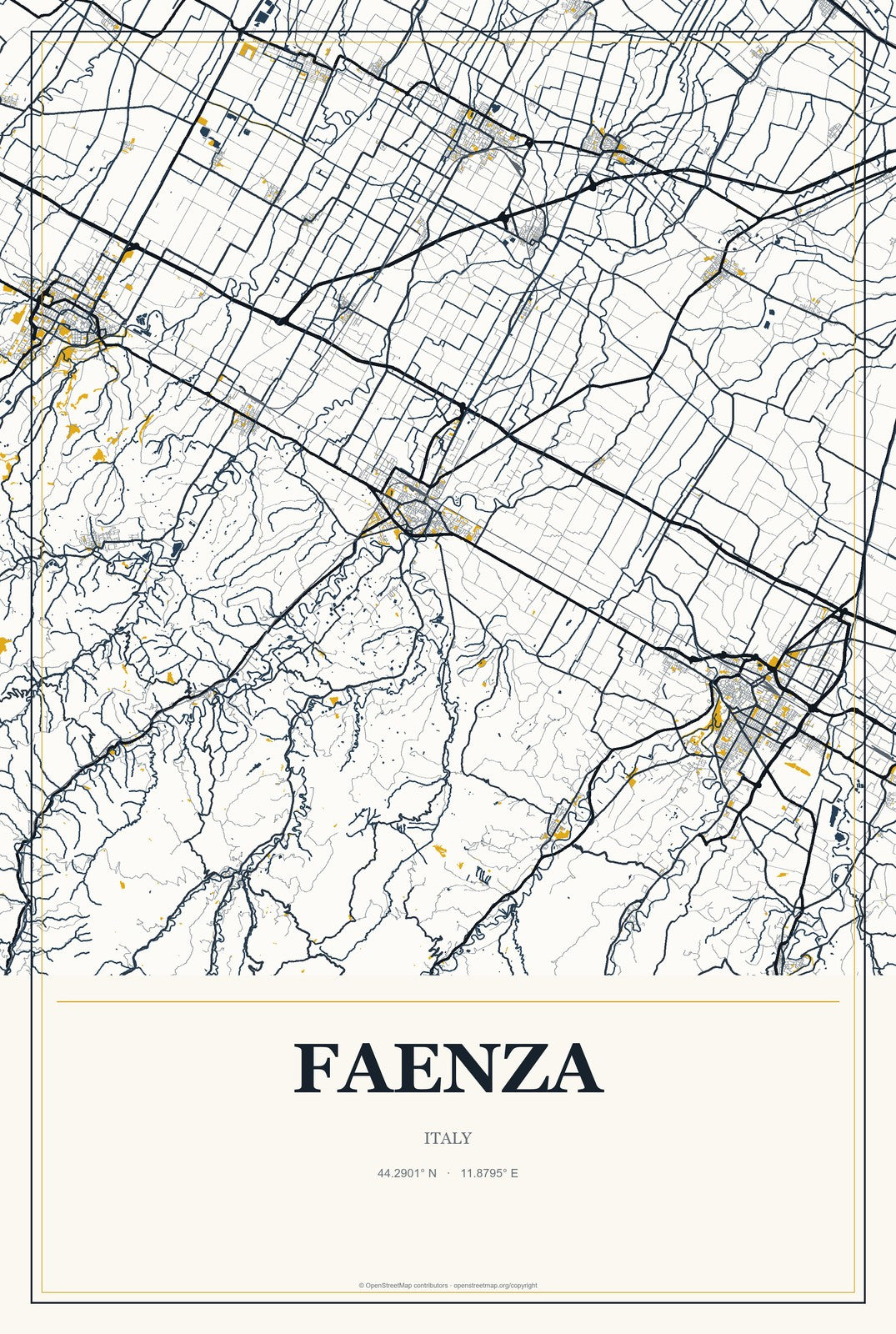 Faenza, Italy City Map Aluminum Sign in Citrine Modern style