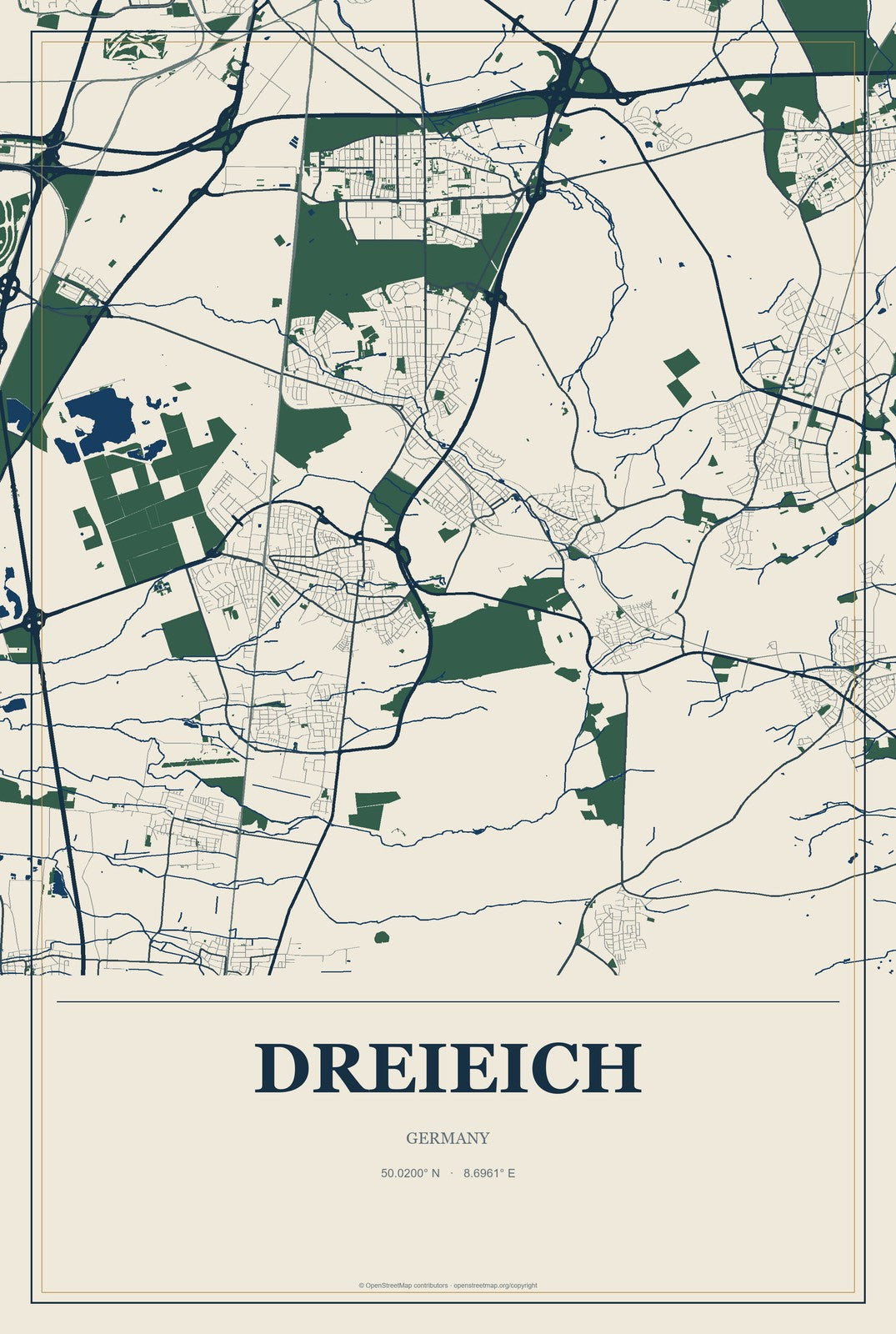 Dreieich, Germany City Map Aluminum Sign in Coastal Cutout style