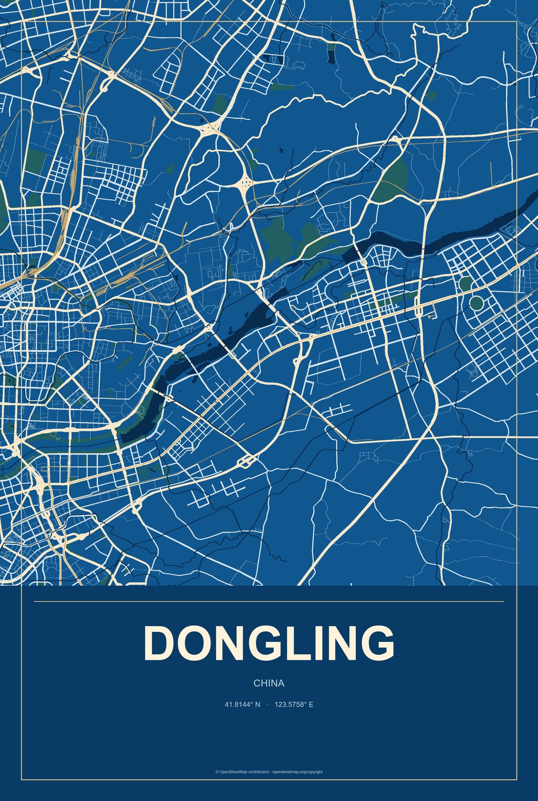 Dongling, China City Map Aluminum Sign in Harbor Cobalt style