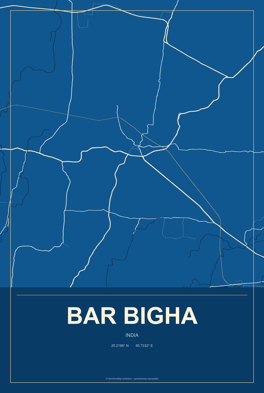 Bar Bigha, India City Map Aluminum Sign in Harbor Cobalt style