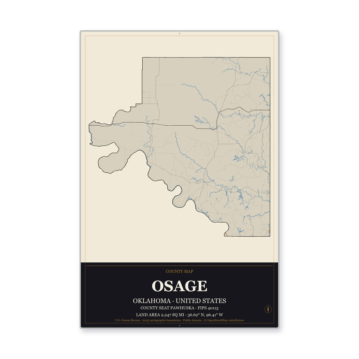 Osage County, Oklahoma Map Aluminum Sign in Museum Plaque style
