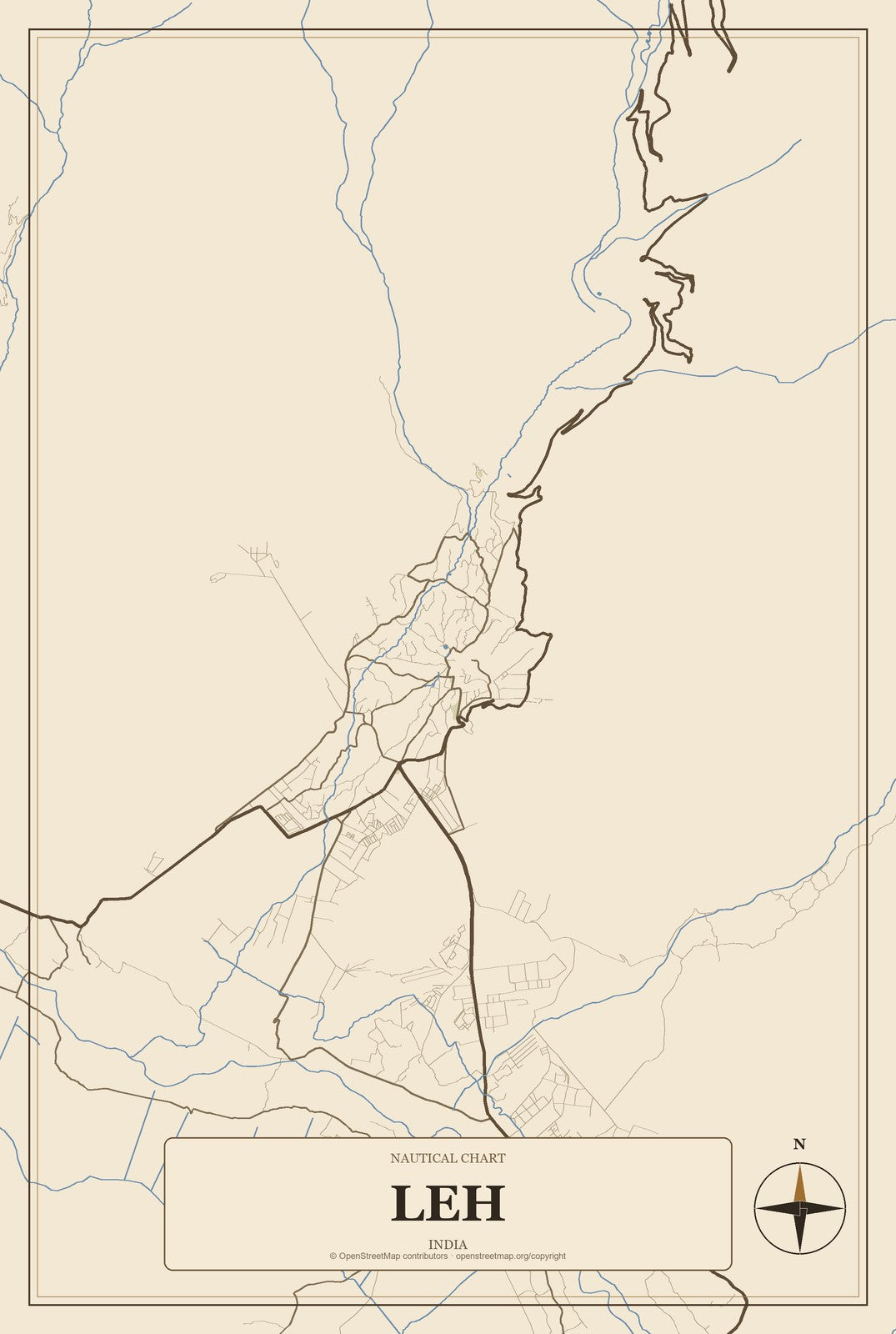 Leh, India City Map Aluminum Sign in Heritage Nautical style