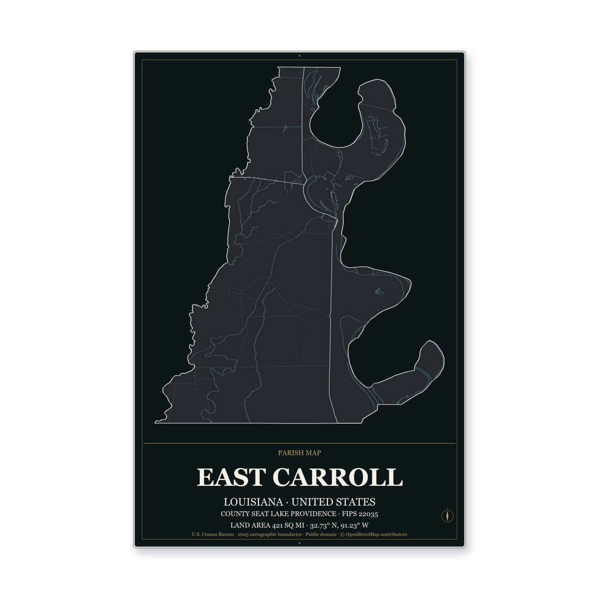 East Carroll Parish, Louisiana Map Aluminum Sign in Metropolitan Noir style