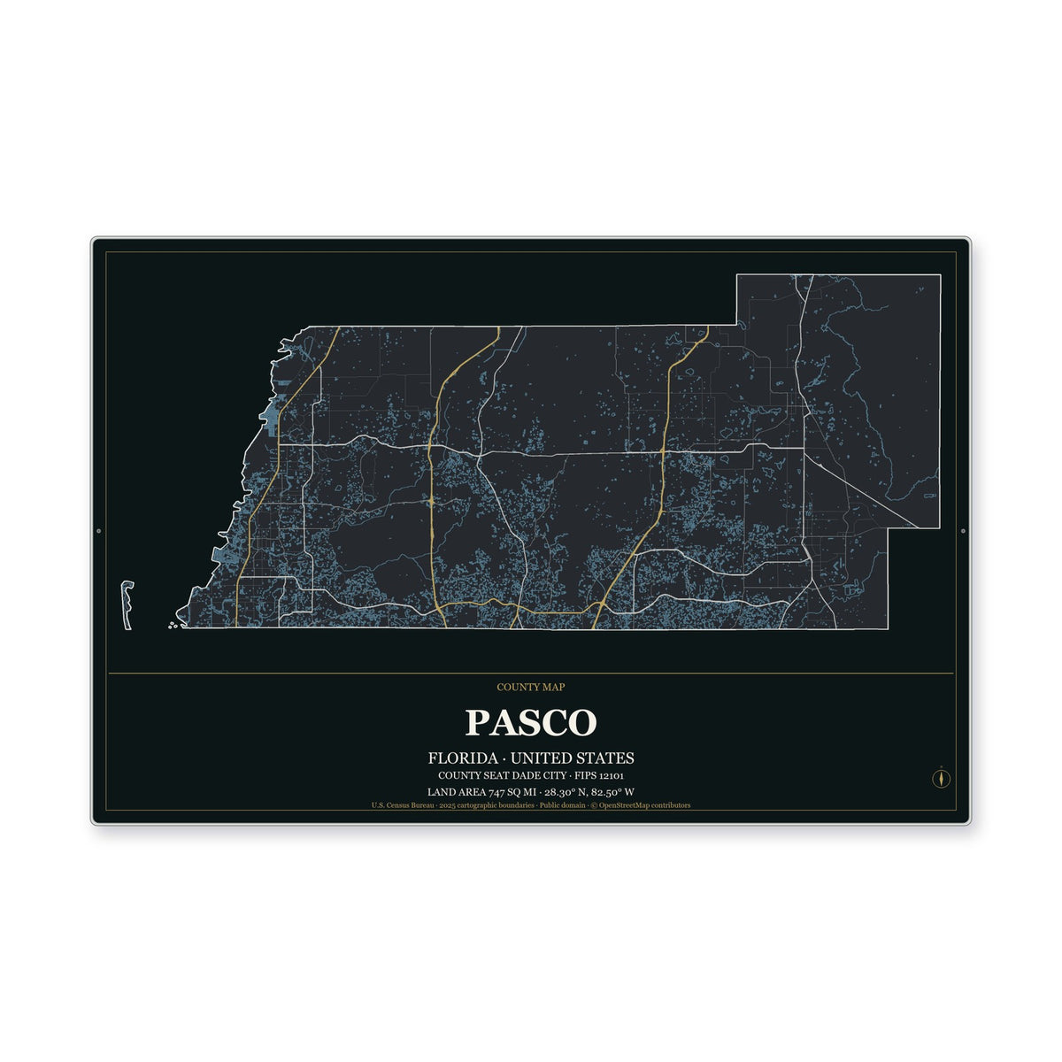 Pasco County, Florida Map Aluminum Sign in Metropolitan Noir style