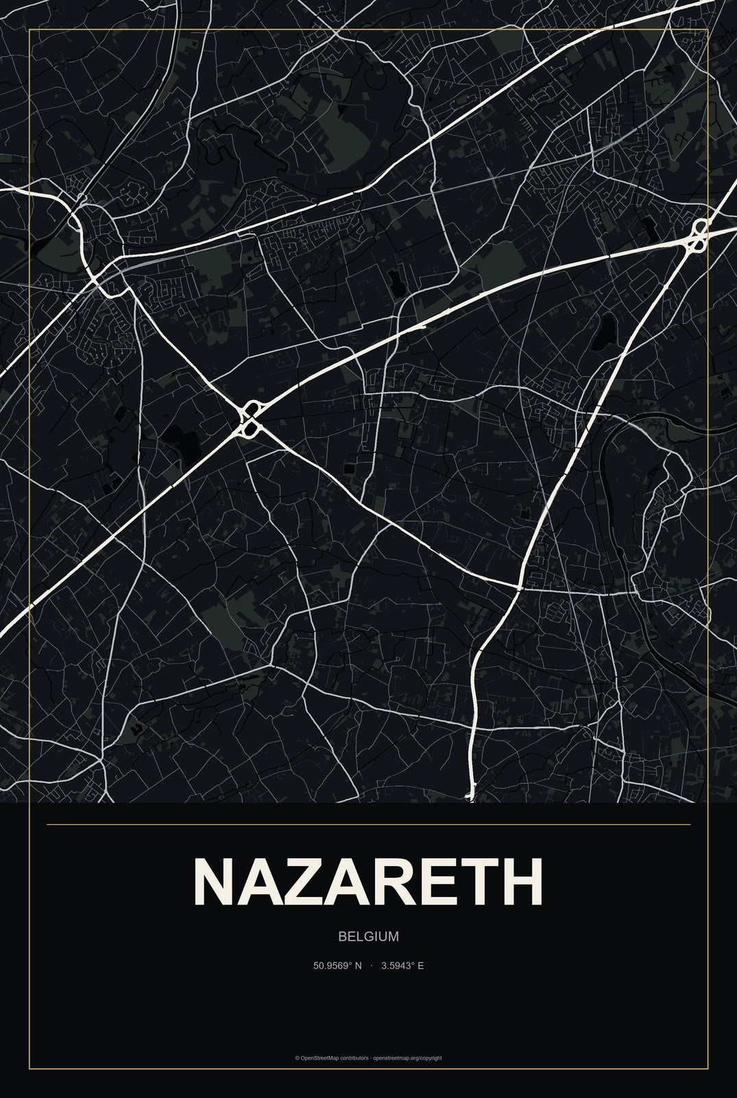 Nazareth, Belgium City Map Aluminum Sign in Metropolitan Noir style