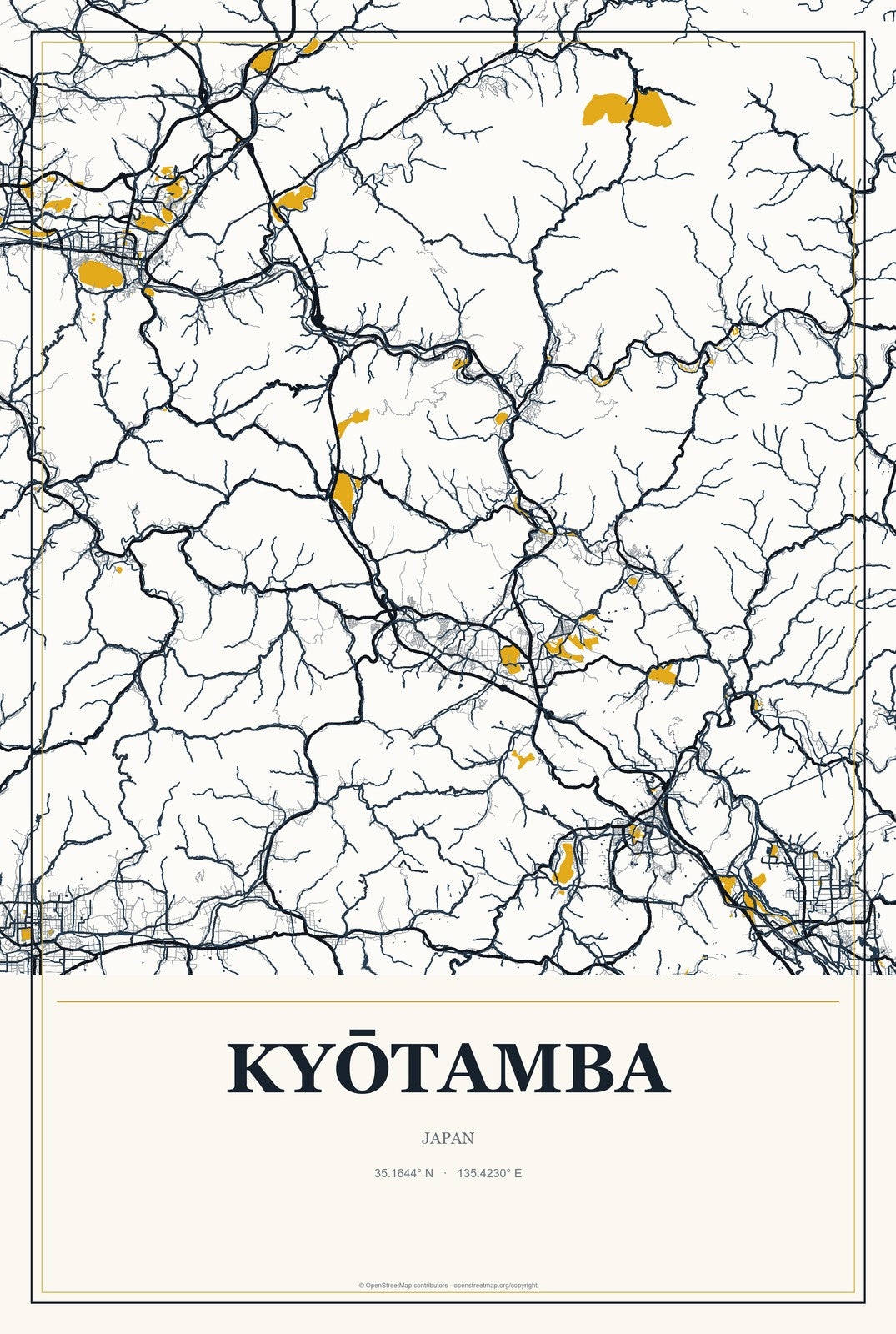 Kyōtamba, Japan City Map Aluminum Sign in Citrine Modern style