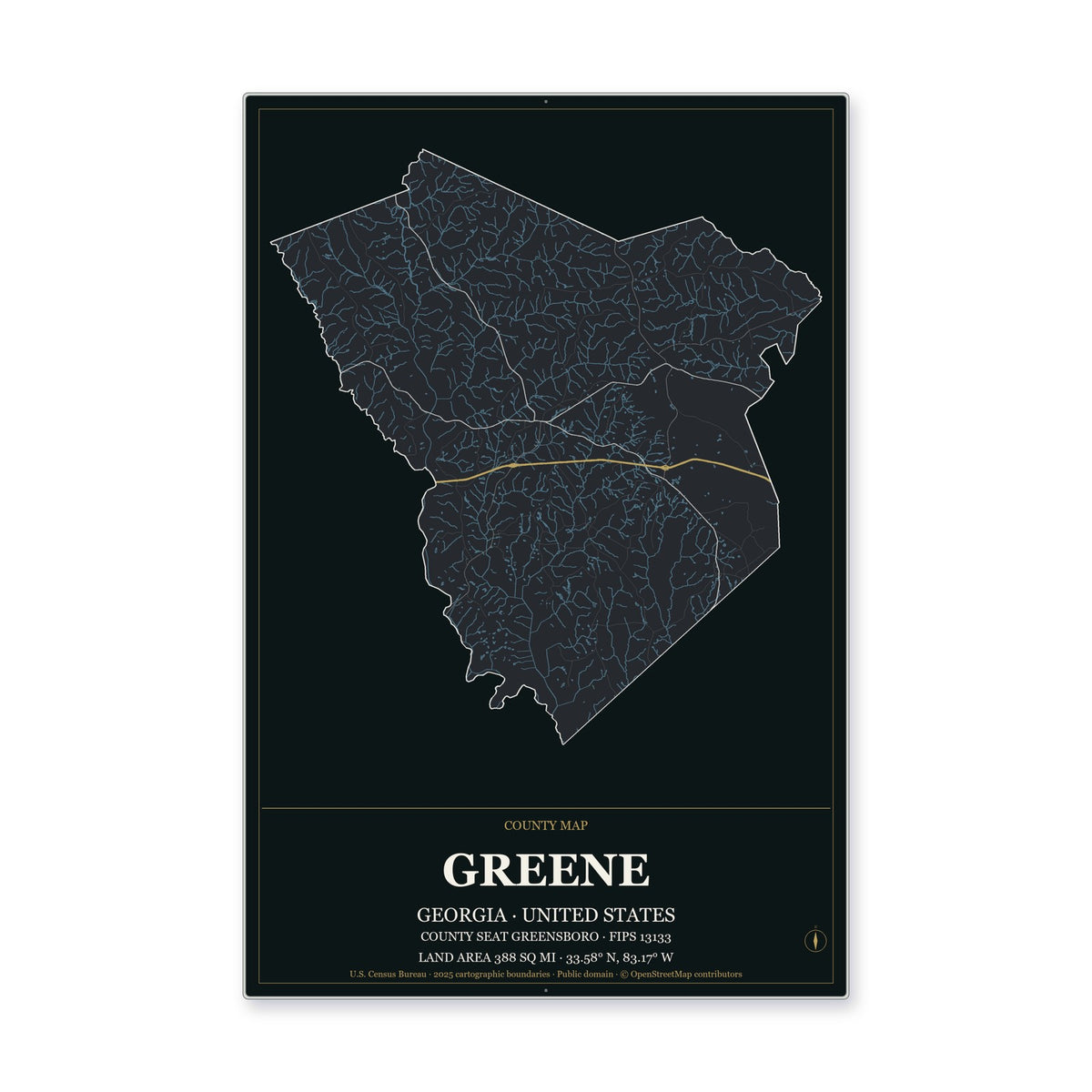 Greene County, Georgia Map Aluminum Sign in Metropolitan Noir style