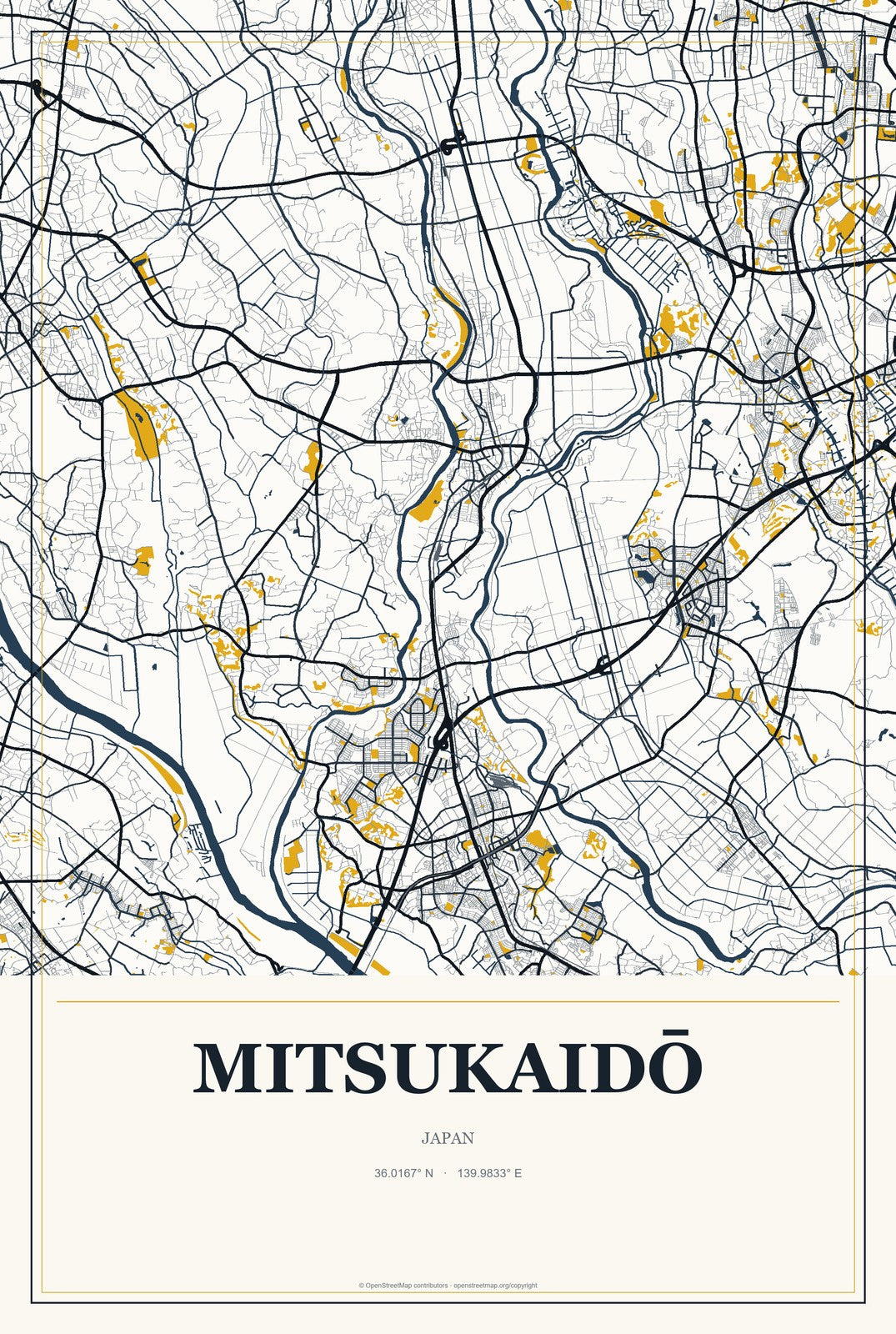 Mitsukaidō, Japan City Map Aluminum Sign in Citrine Modern style