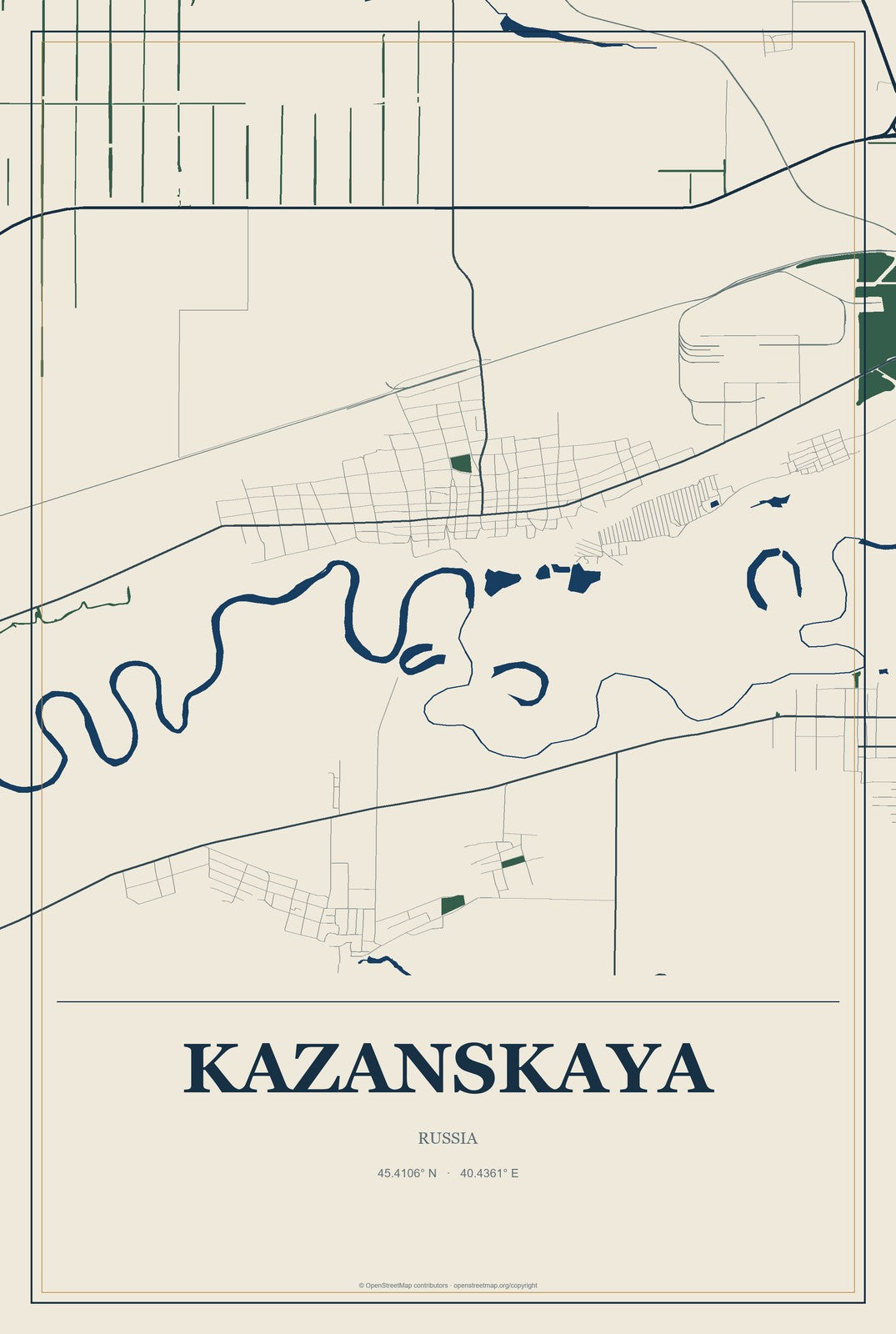 Kazanskaya, Russia City Map Aluminum Sign in Coastal Cutout style