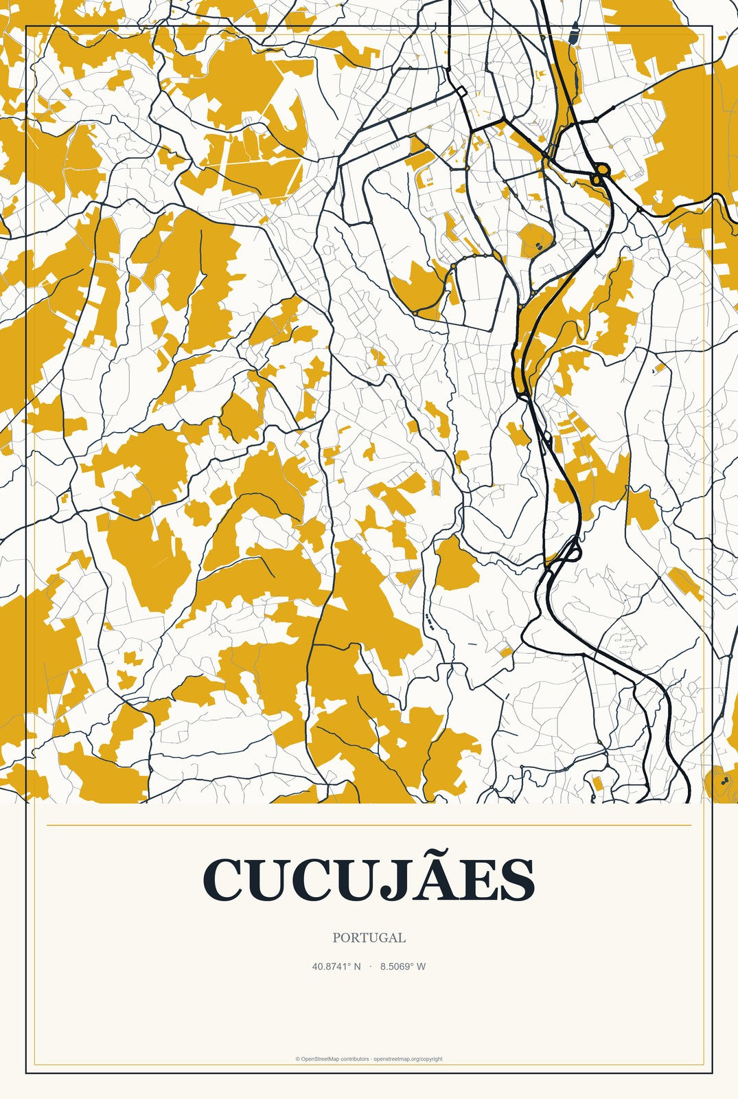 Cucujães, Portugal City Map Aluminum Sign in Citrine Modern style