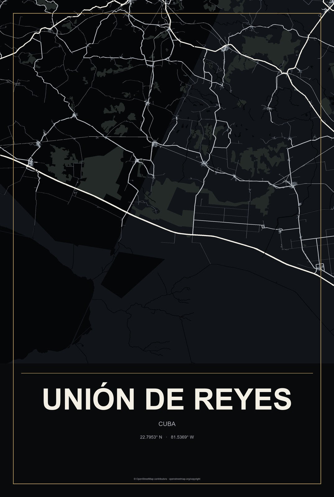 Unión de Reyes, Cuba City Map Aluminum Sign in Metropolitan Noir style