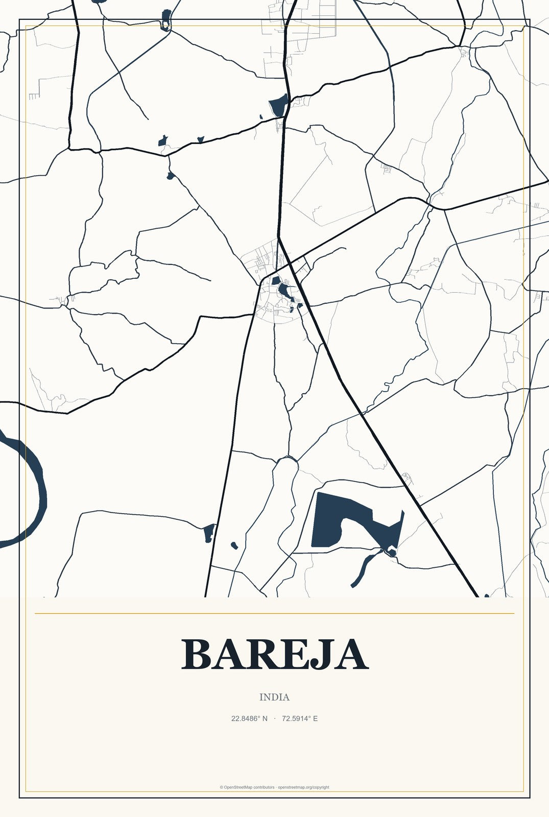 Bareja, India City Map Aluminum Sign in Citrine Modern style