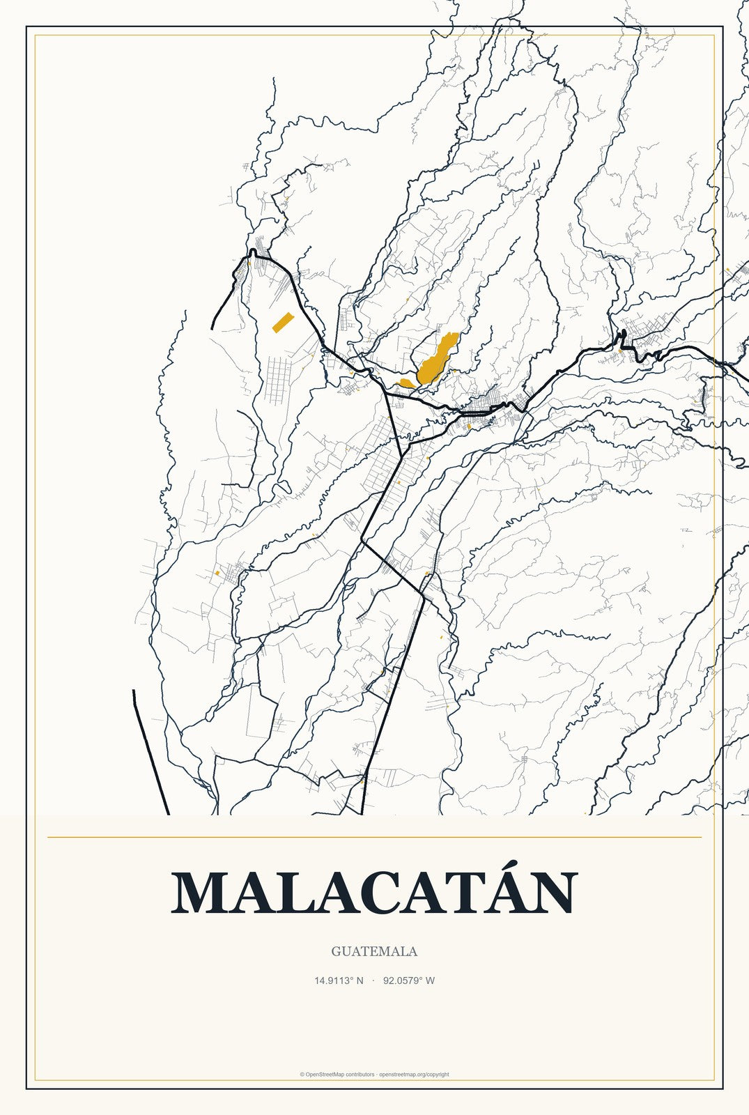 Malacatán, Guatemala City Map Aluminum Sign in Citrine Modern style