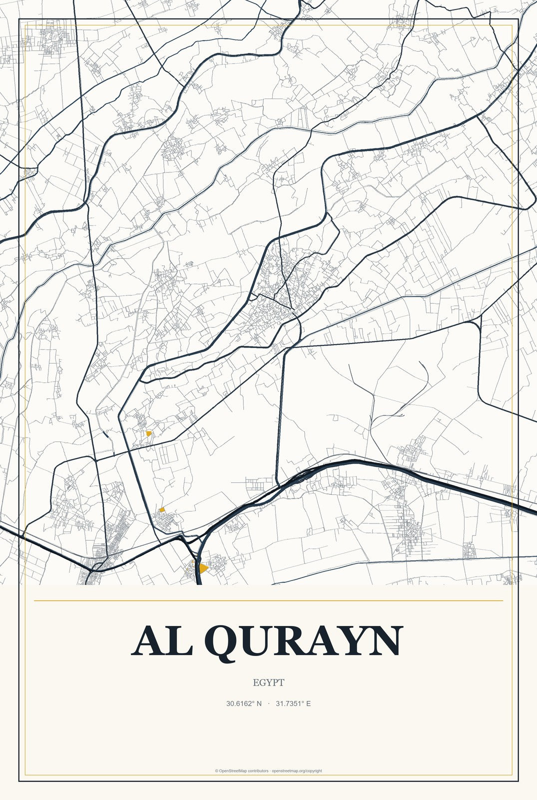 Al Qurayn, Egypt City Map Aluminum Sign in Citrine Modern style