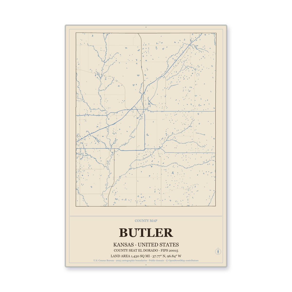 Butler County, Kansas Map Aluminum Sign in Heritage Nautical style