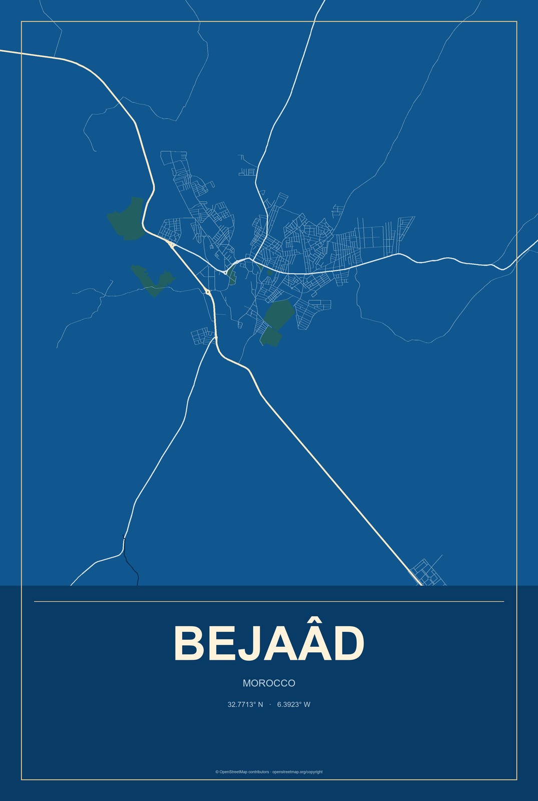 Bejaâd, Morocco City Map Aluminum Sign in Harbor Cobalt style